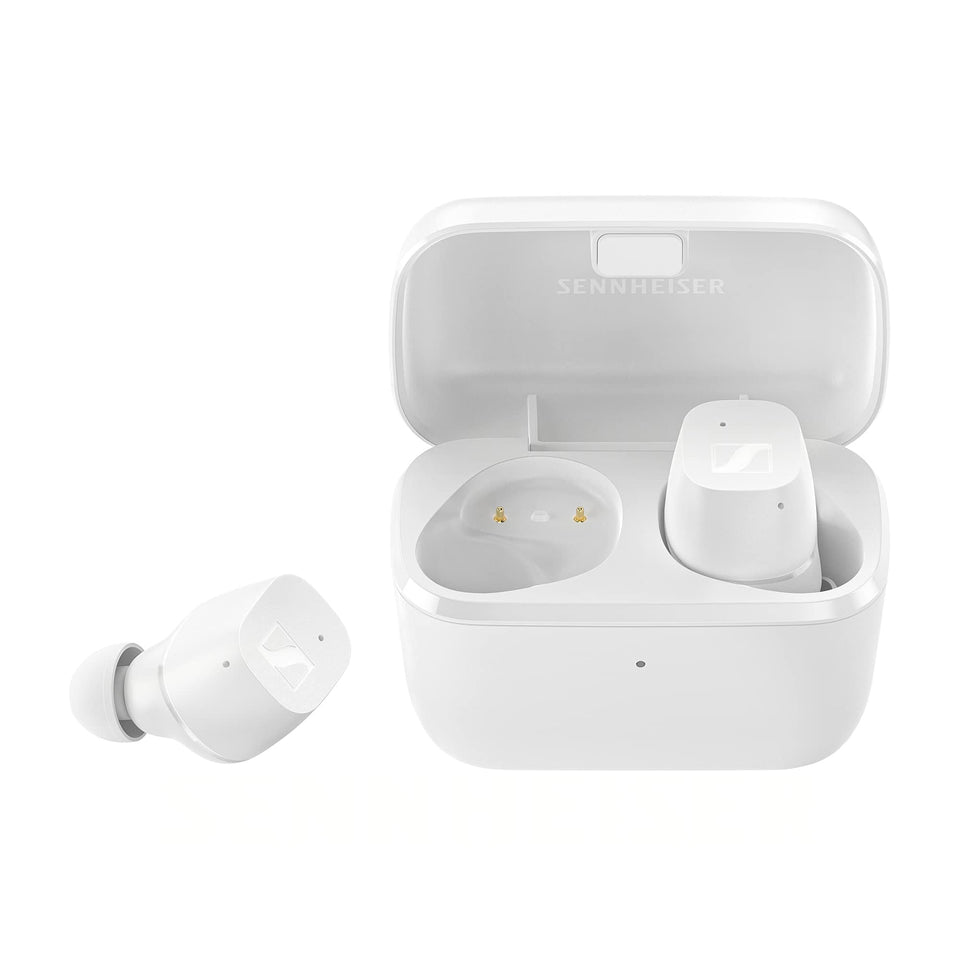 Sennheiser CX True Wireless charging case shown for on-the-go charging and storage