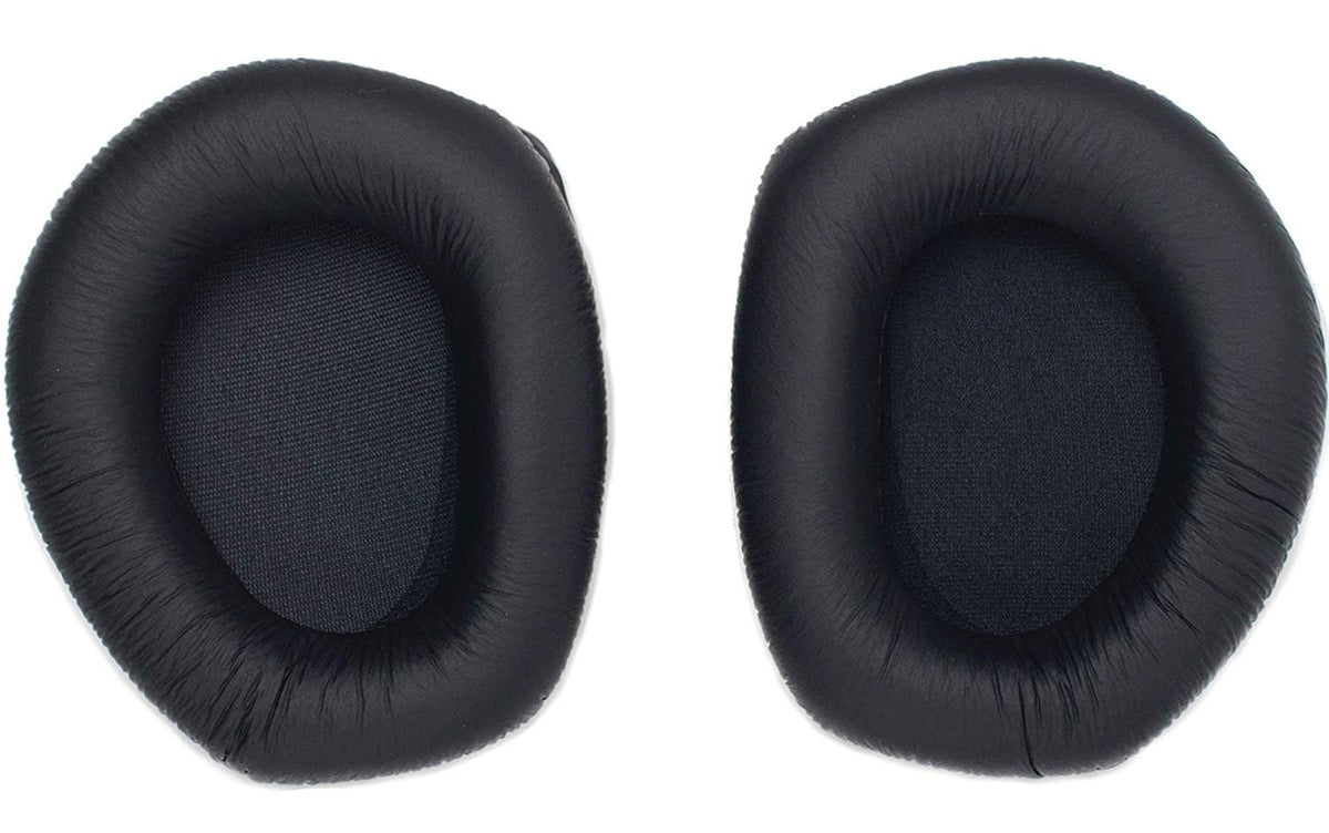 Sennheiser leatherette ear pads with foam disc screen for added sound isolation.