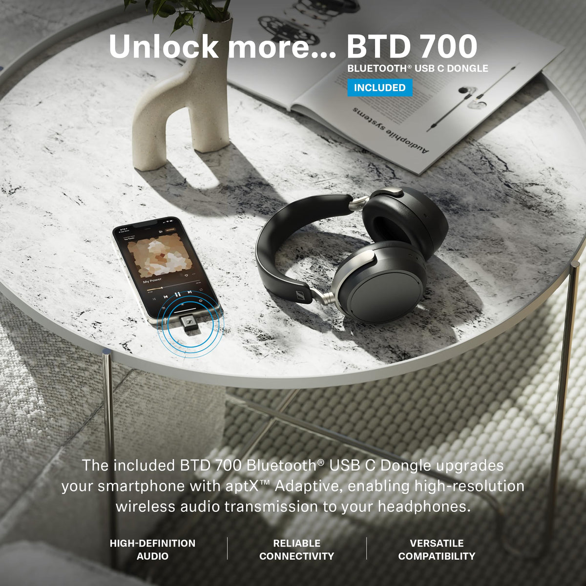 Sennheiser HDB 630 Bluetooth adapter enabling low-latency wireless pairing