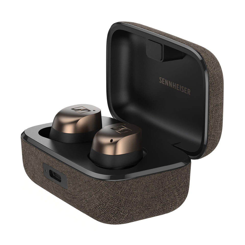 Sennheiser MOMENTUM 4 Black Copper earbuds in front view for portable listening