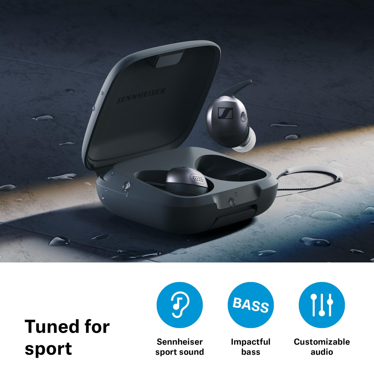 Sennheiser Momentum Sport open charging case highlighting compact design and extended battery benefit