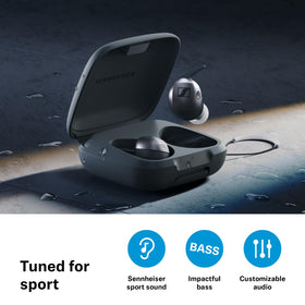 Sennheiser Momentum Sport case keeps earbuds powered with long battery life.