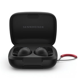 Sennheiser Momentum Sport earbuds front view showing secure fit for workouts