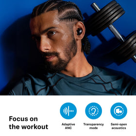 Sennheiser Momentum Sport fit-system with fins and tips for comfort.