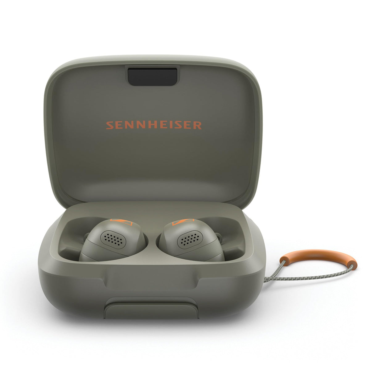 Sennheiser Momentum Sport front view showing olive color and sleek branding for confident workouts