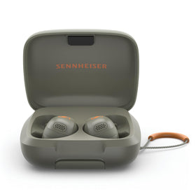 Sennheiser Momentum Sport front view showing olive color and sleek branding for confident workouts