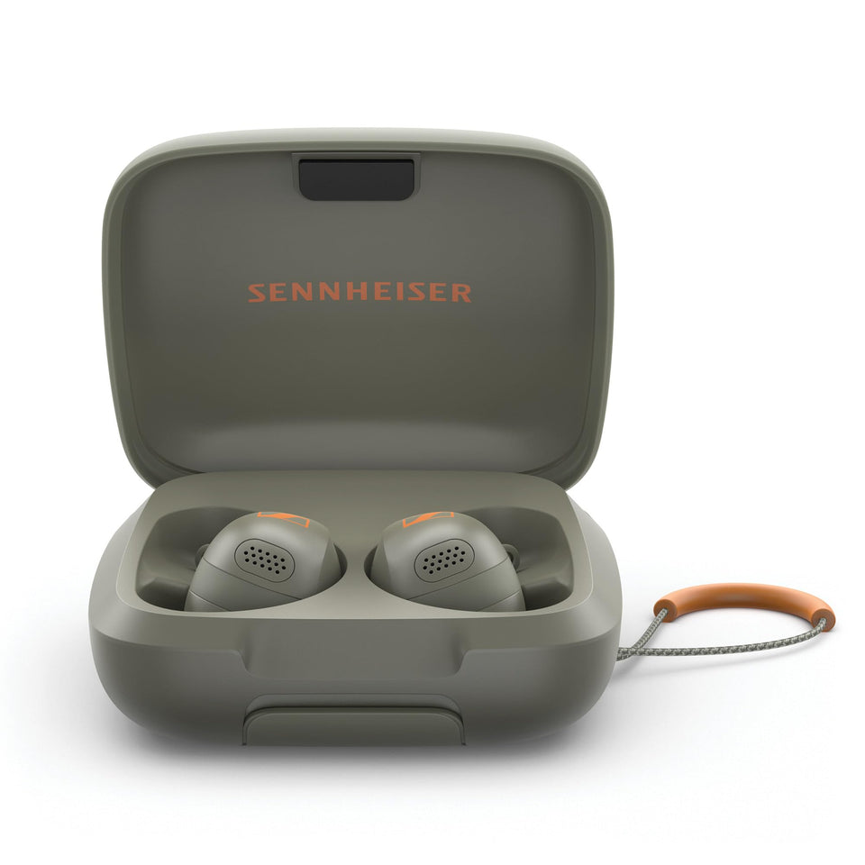 Sennheiser Momentum Sport front view showing olive color and sleek branding for confident workouts