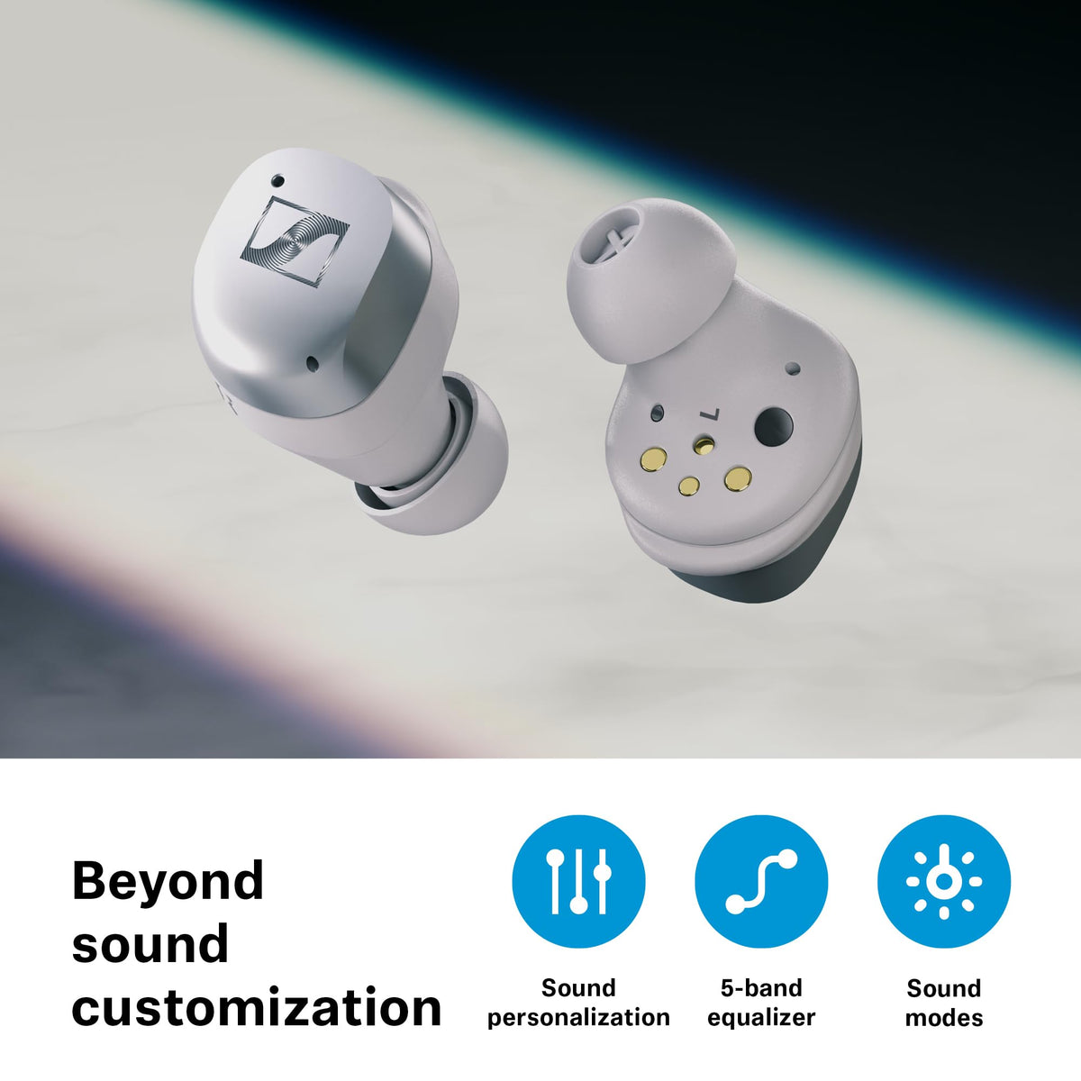 Sennheiser Momentum TW4 adaptive ANC graphite reduces background noise in busy spaces.