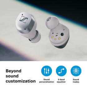 Sennheiser Momentum TW4 adaptive ANC graphite reduces background noise in busy spaces.