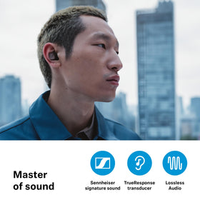 Sennheiser Momentum TW4 wireless charging case highlights quick power top-up.