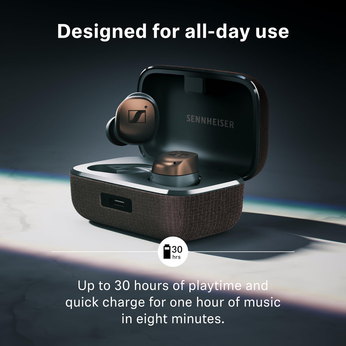 Sennheiser Momentum True Wireless 4 charging case open in white silver