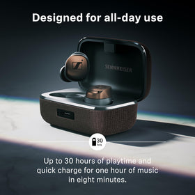 Sennheiser Momentum True Wireless 4 charging case open in white silver