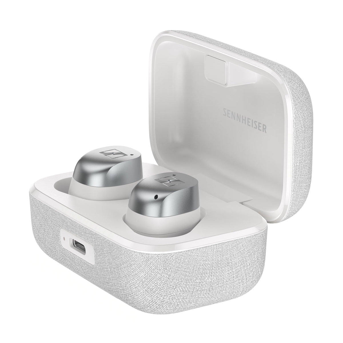 Sennheiser Momentum True Wireless 4 earbuds in white silver, front view for premium sound