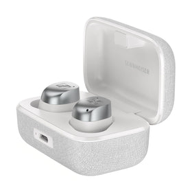Sennheiser Momentum True Wireless 4 earbuds in white silver, front view for premium sound