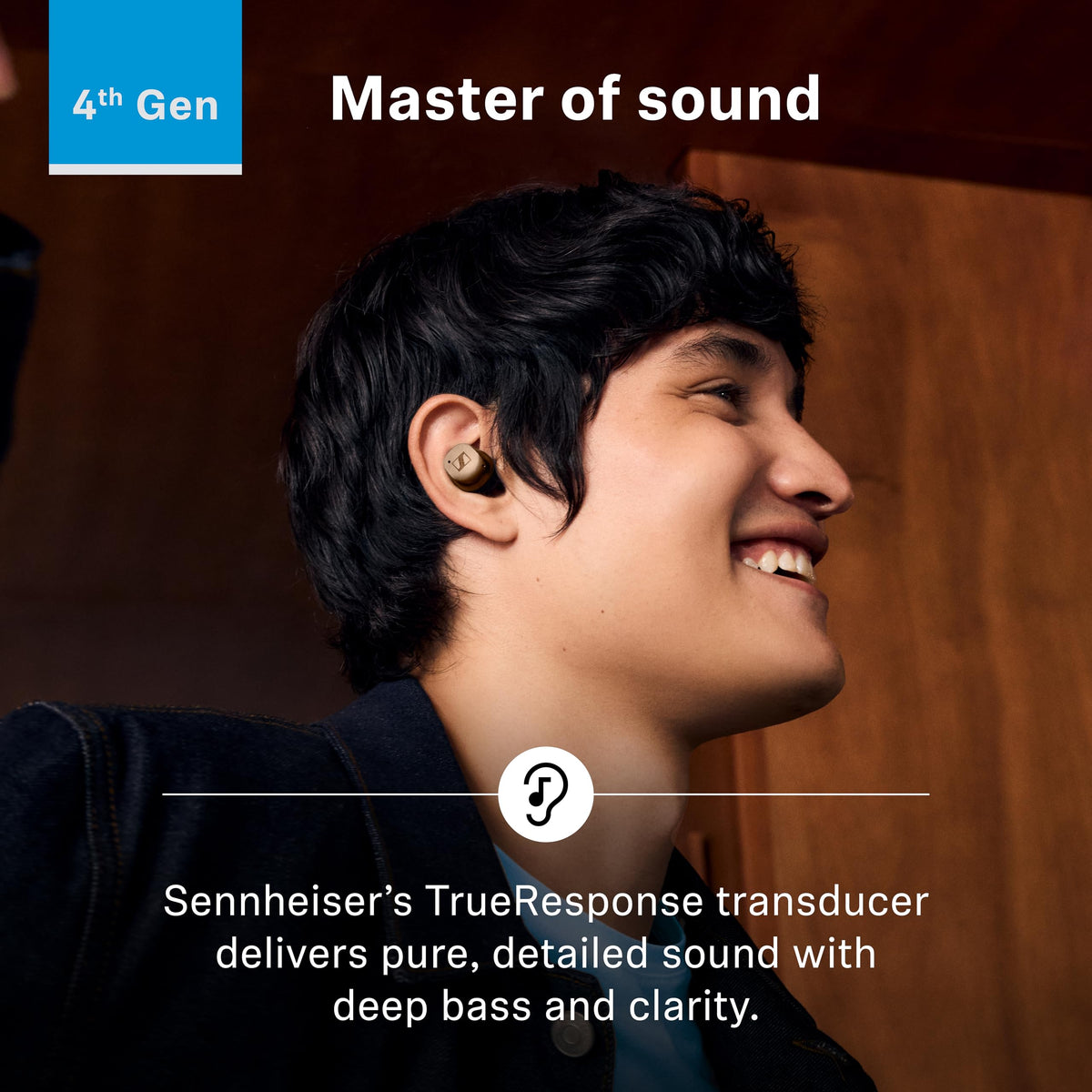 Sennheiser Momentum True Wireless 4 earbuds in white silver, side view