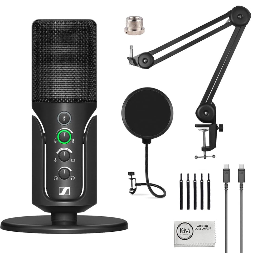 Sennheiser Profile USB microphone on a desk stand ready for podcasts and streams