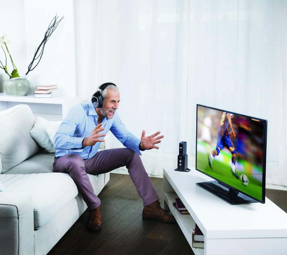 Sennheiser RS 195 wireless transmitter base provides stable long-range connections for TV.