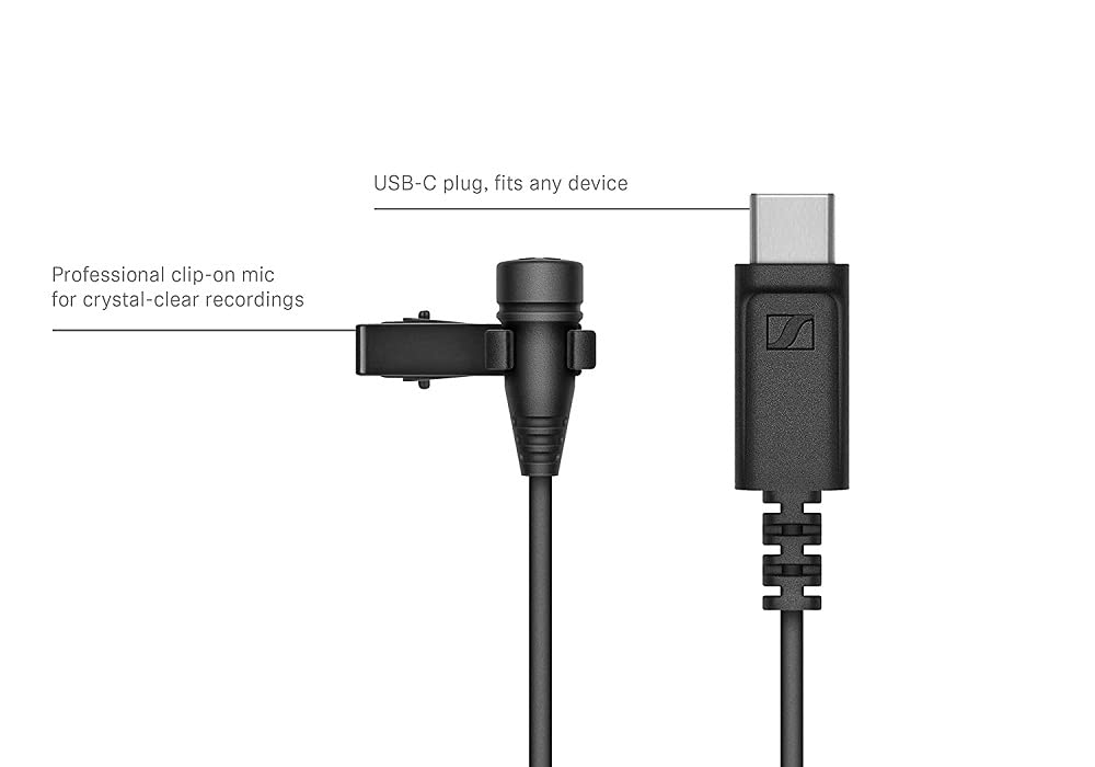 Sennheiser XS Lav USB-C microphone clip secures the mic for hands-free recording.