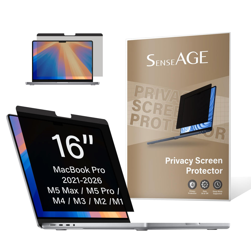 SenseAGE front view of packaged privacy screen showing product and model fit benefits