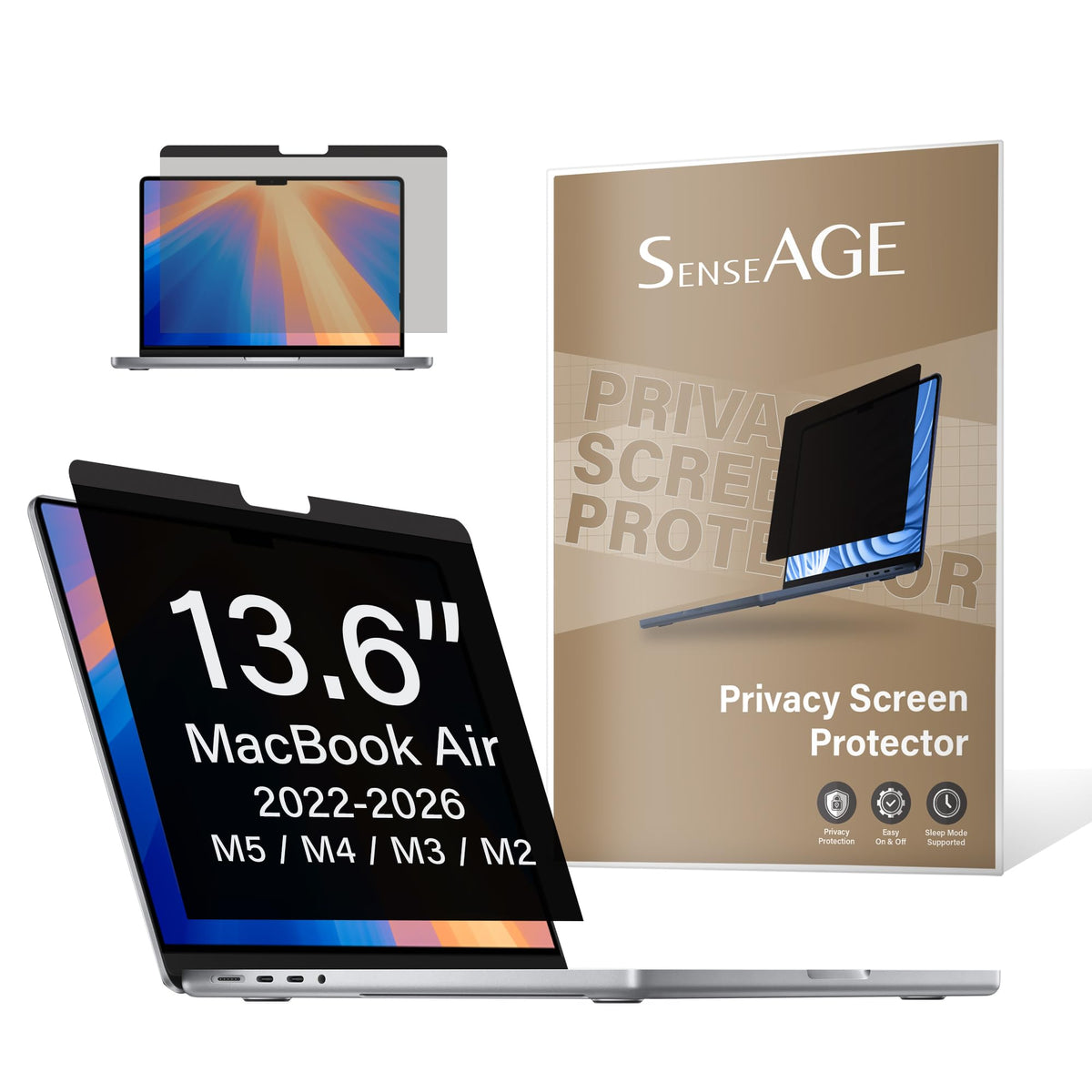 SenseAGE front packaging showing MacBook Air 13.6 compatibility and quick benefits