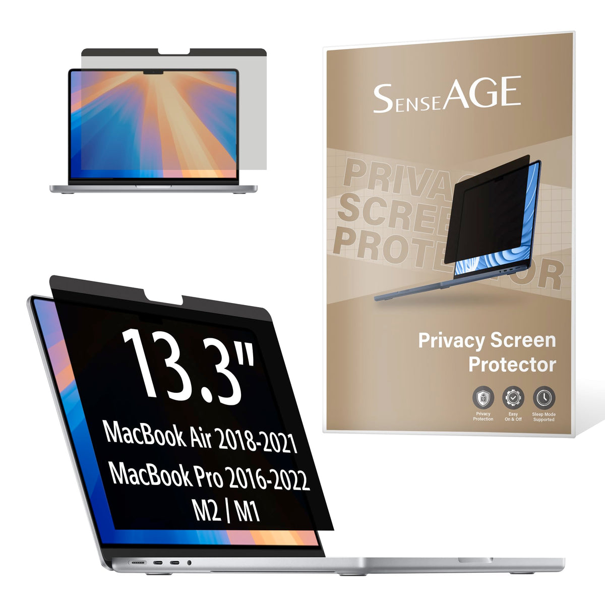 SenseAGE MacBook Air 13.3 privacy screen front view enhances privacy while reducing glare.