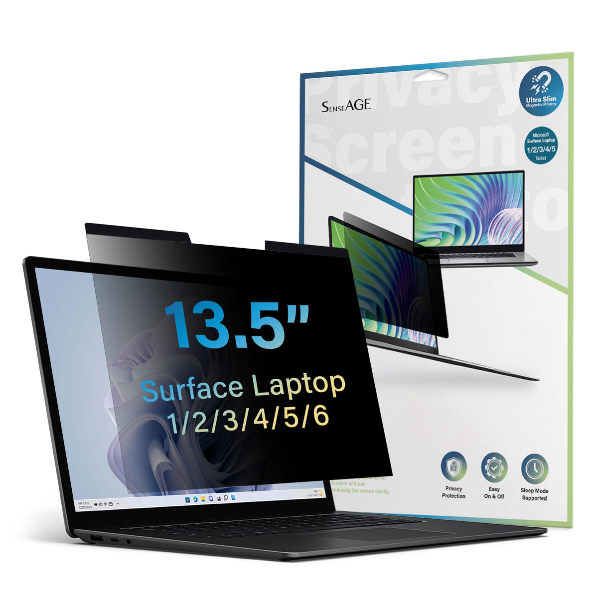 SenseAGE magnetic privacy screen snap-on for Surface Laptop 13.5-inch provides quick privacy.