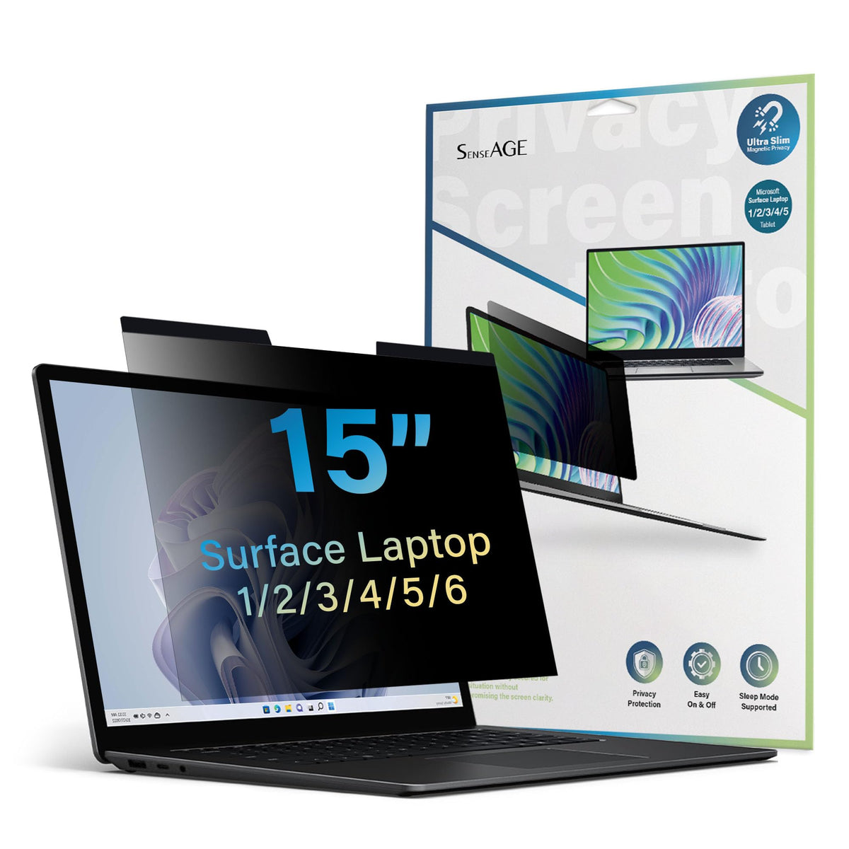 SenseAGE magnetic privacy screen attached to Surface Laptop 15 for private viewing.