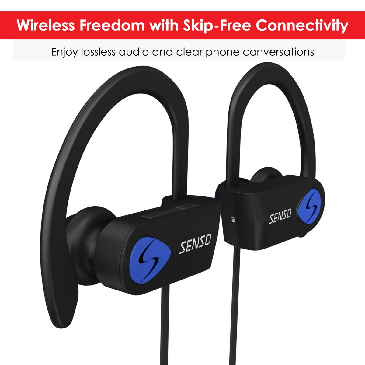 Senso ActivBuds close-up showing ergonomic earhooks and gel earbuds for secure fit.