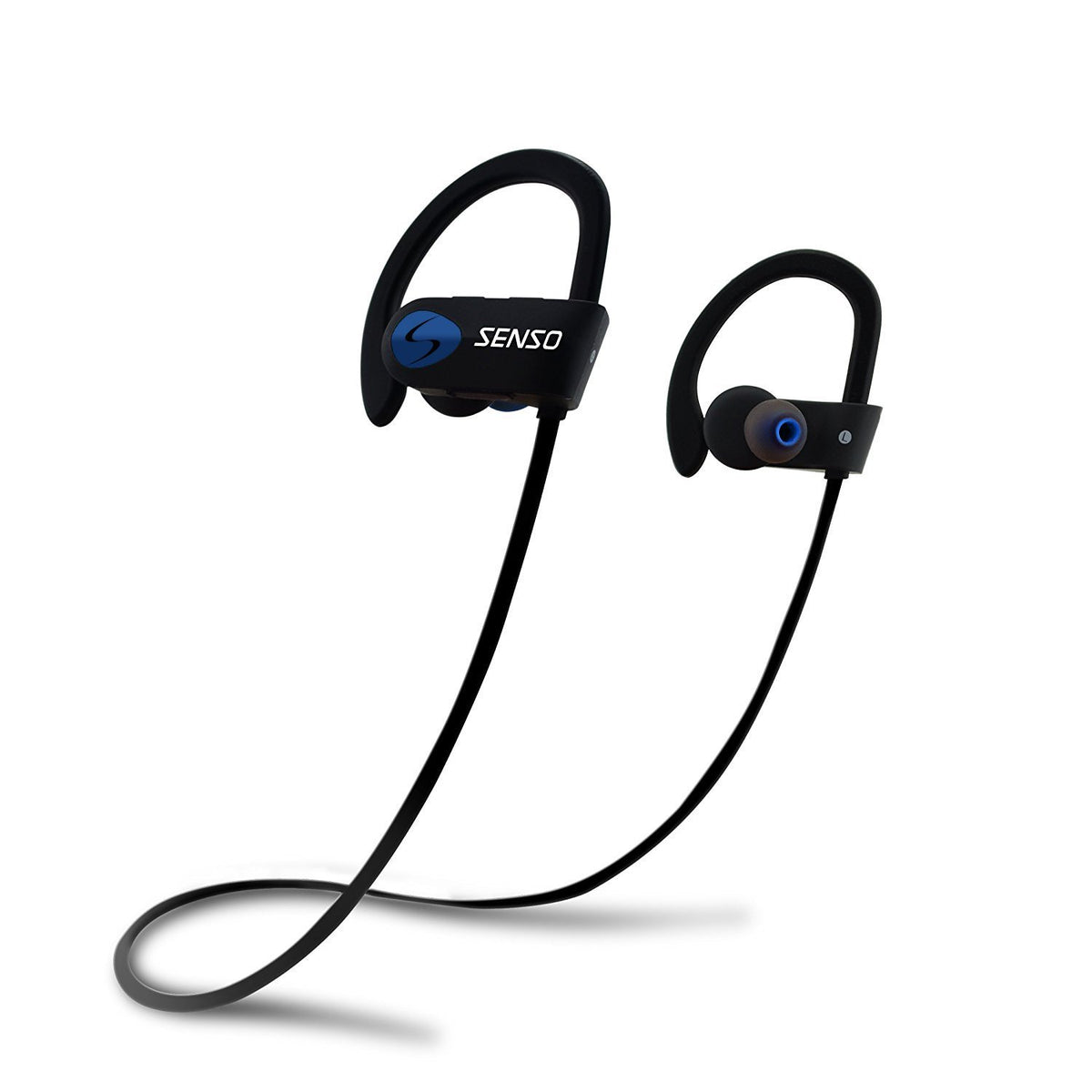 Senso Bluetooth headphones in black and blue front view, ideal for gym or runs.