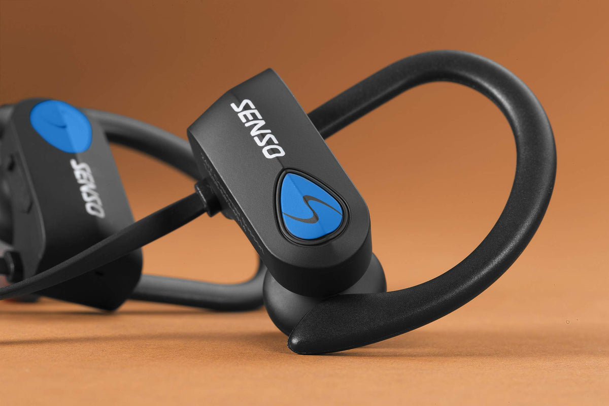 Senso headphones with built-in mic and controls support hands-free calls during workouts.