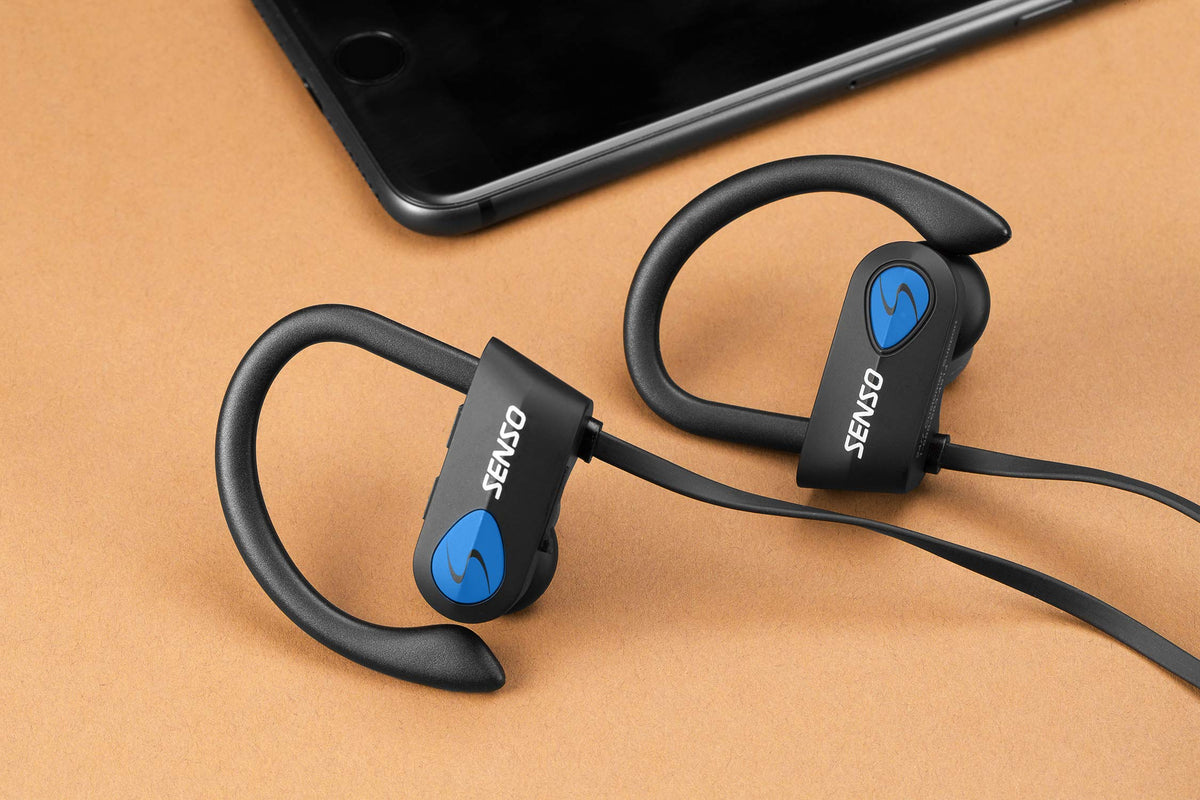Senso headphones worn during workouts suitable for gym sessions and runs.