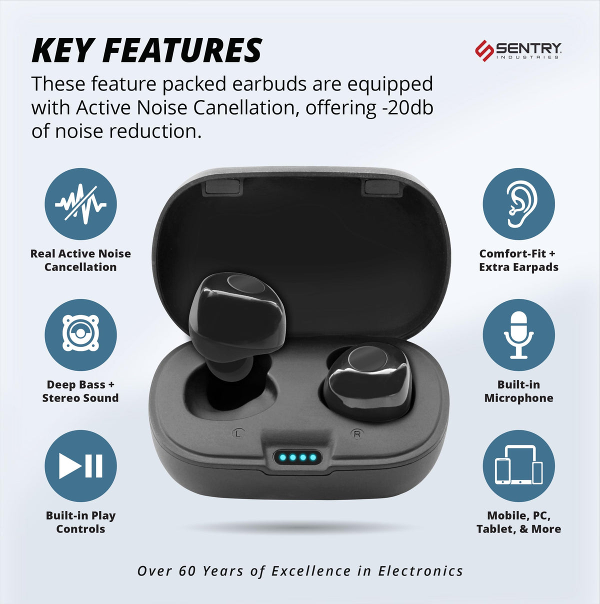 SENTRY OSE Dot earbuds with noise cancellation reduce ambient noise for focused listening.