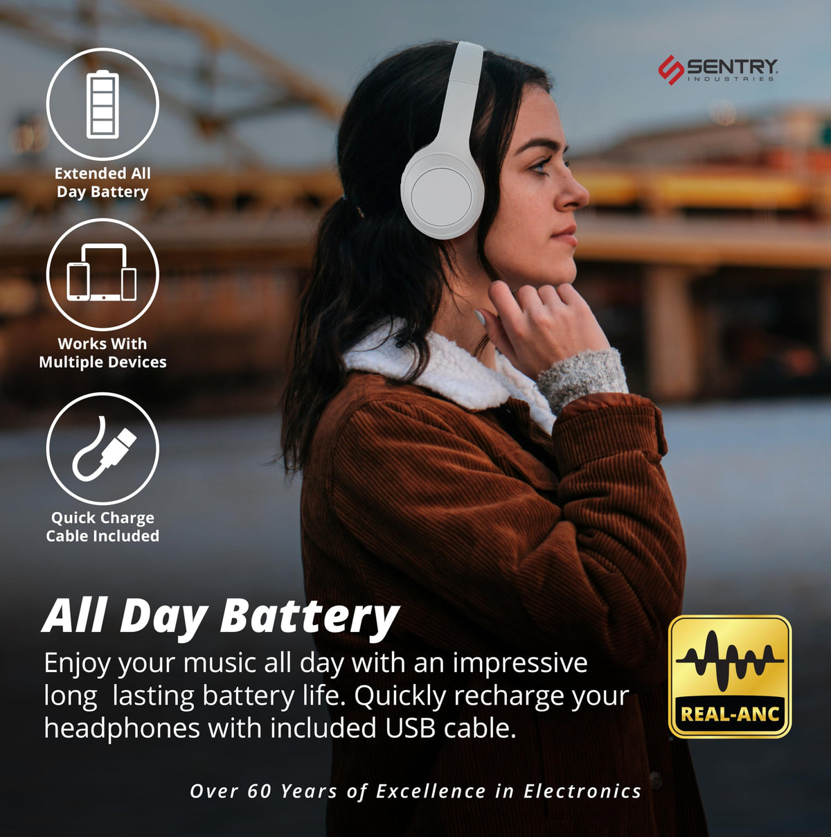 SENTRY headphones folded inside carrying case for travel-friendly protection