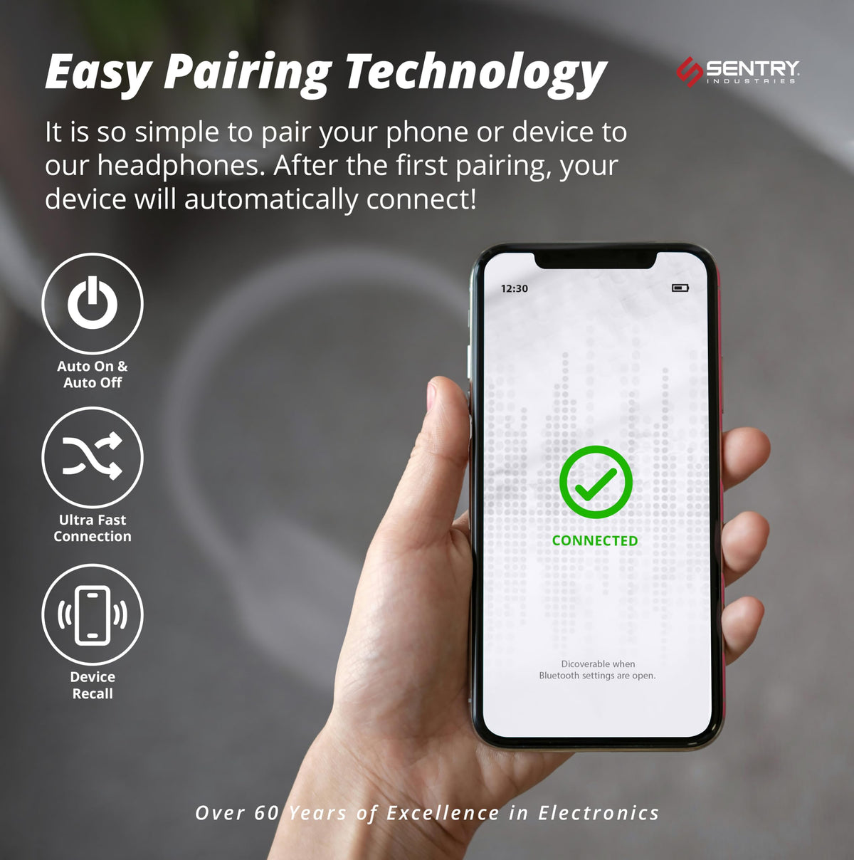 SENTRY on-ear control buttons visible for easy playback and call handling