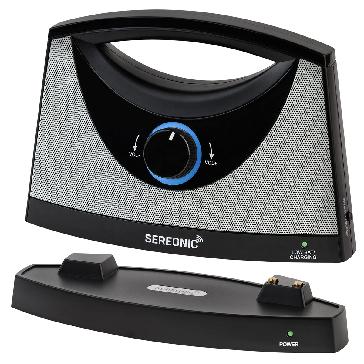SEREONIC portable wireless speaker base setup for near-field TV listening.