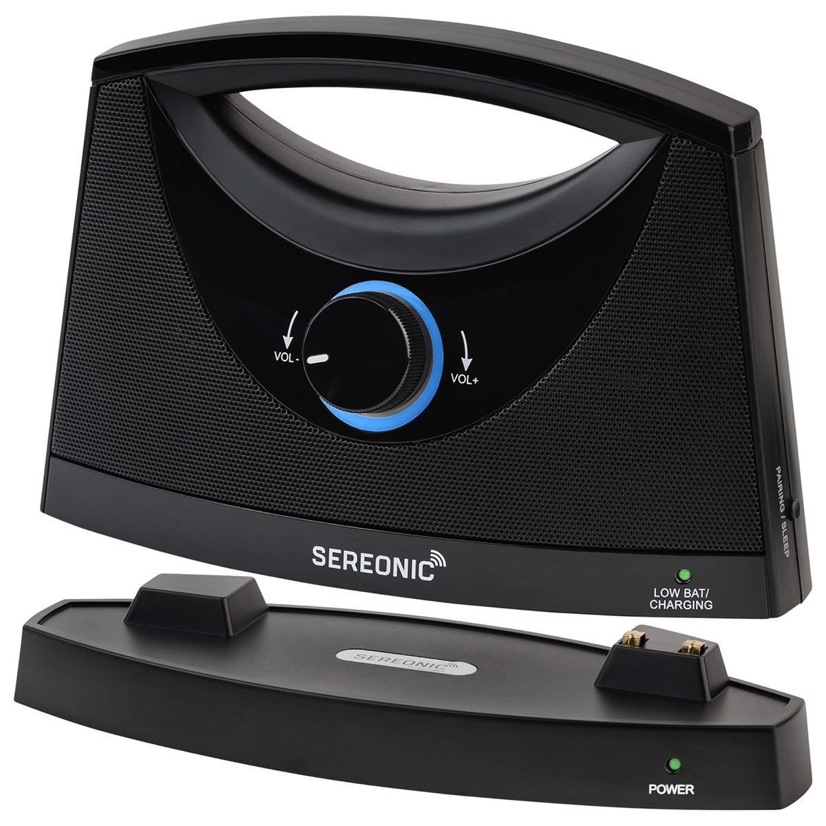 SEREONIC portable wireless TV speaker beside a sofa improves dialogue clarity