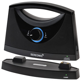 SEREONIC portable wireless TV speaker beside a sofa improves dialogue clarity