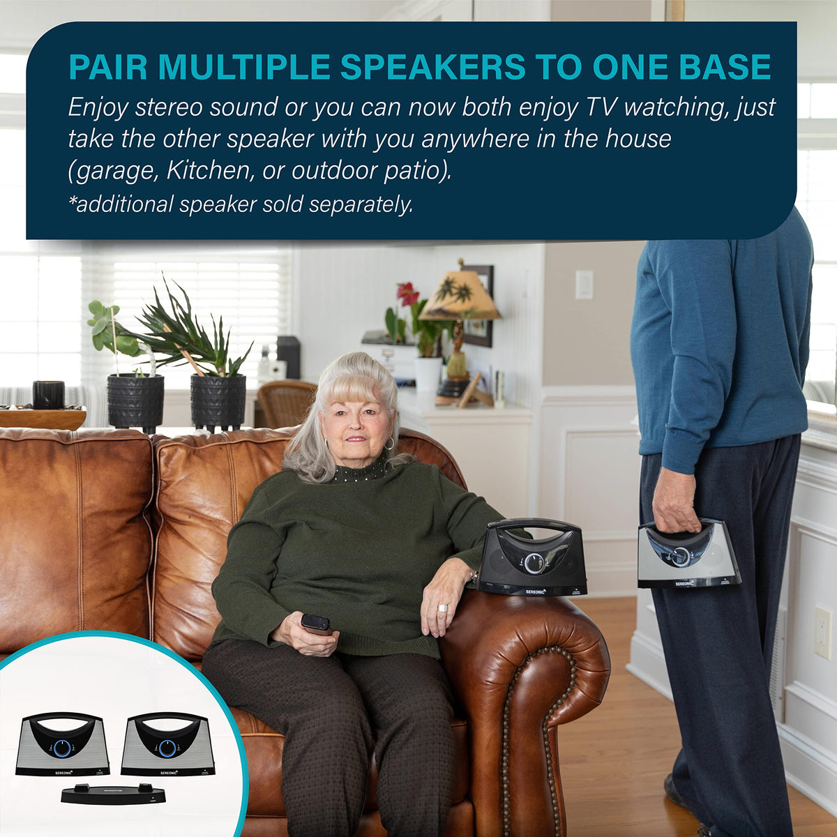 SEREONIC wireless speaker in living room for near-field TV listening.