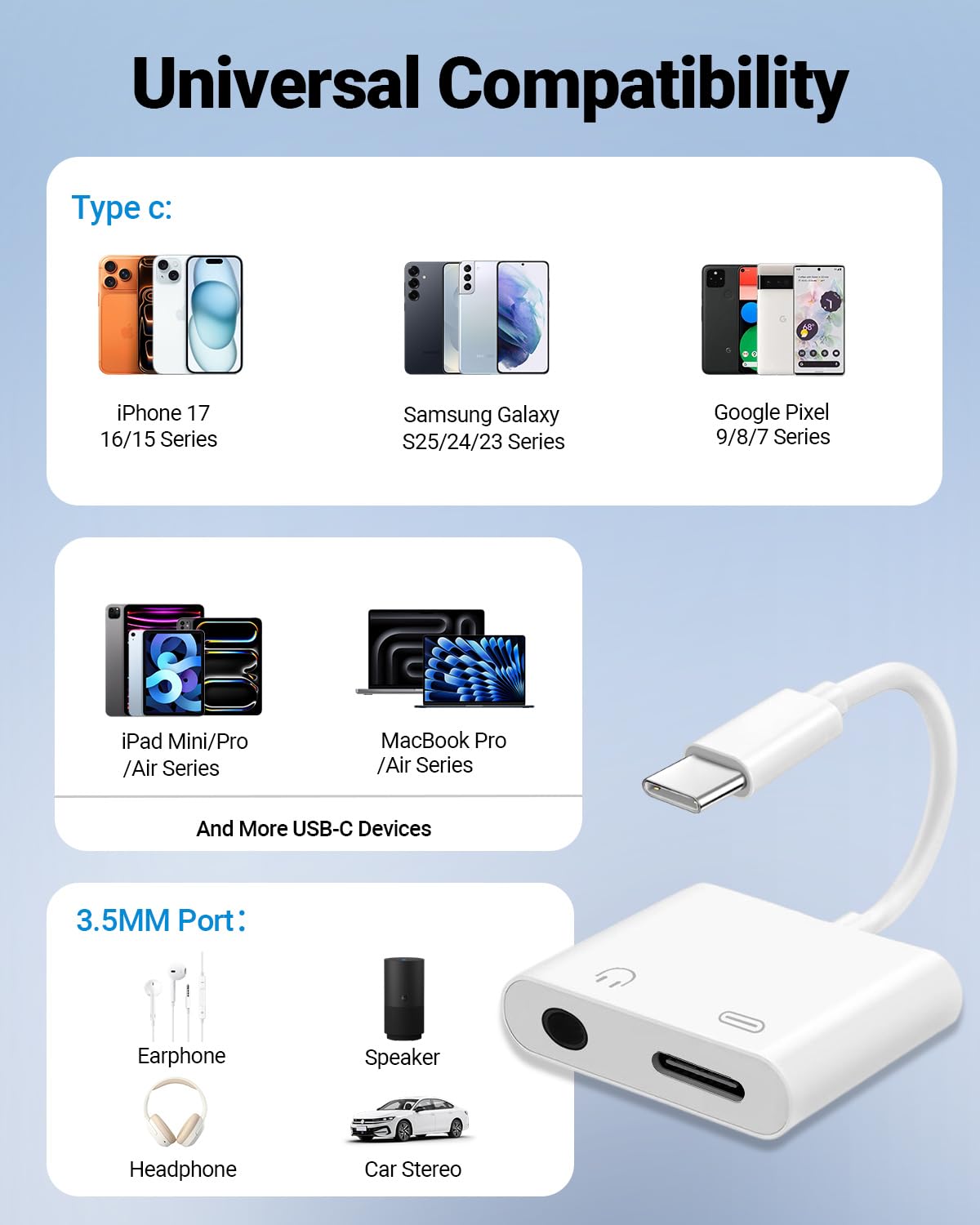 Seulliya USB-C audio-charging splitter enables simultaneous listening and charging on the go.