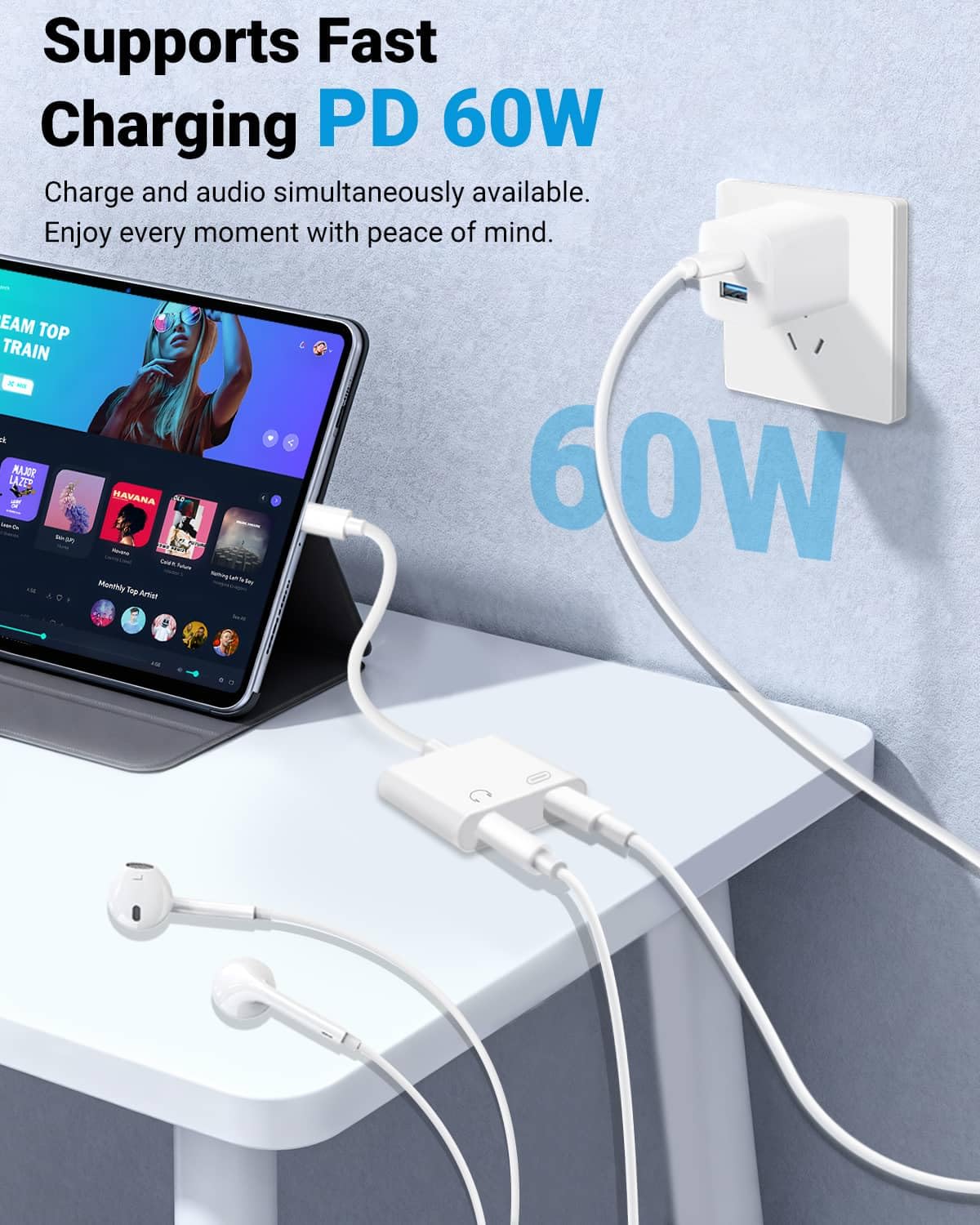 Seulliya USB-C headphone-and-charger 2-in-1 for universal compatibility across iPhone and Android.