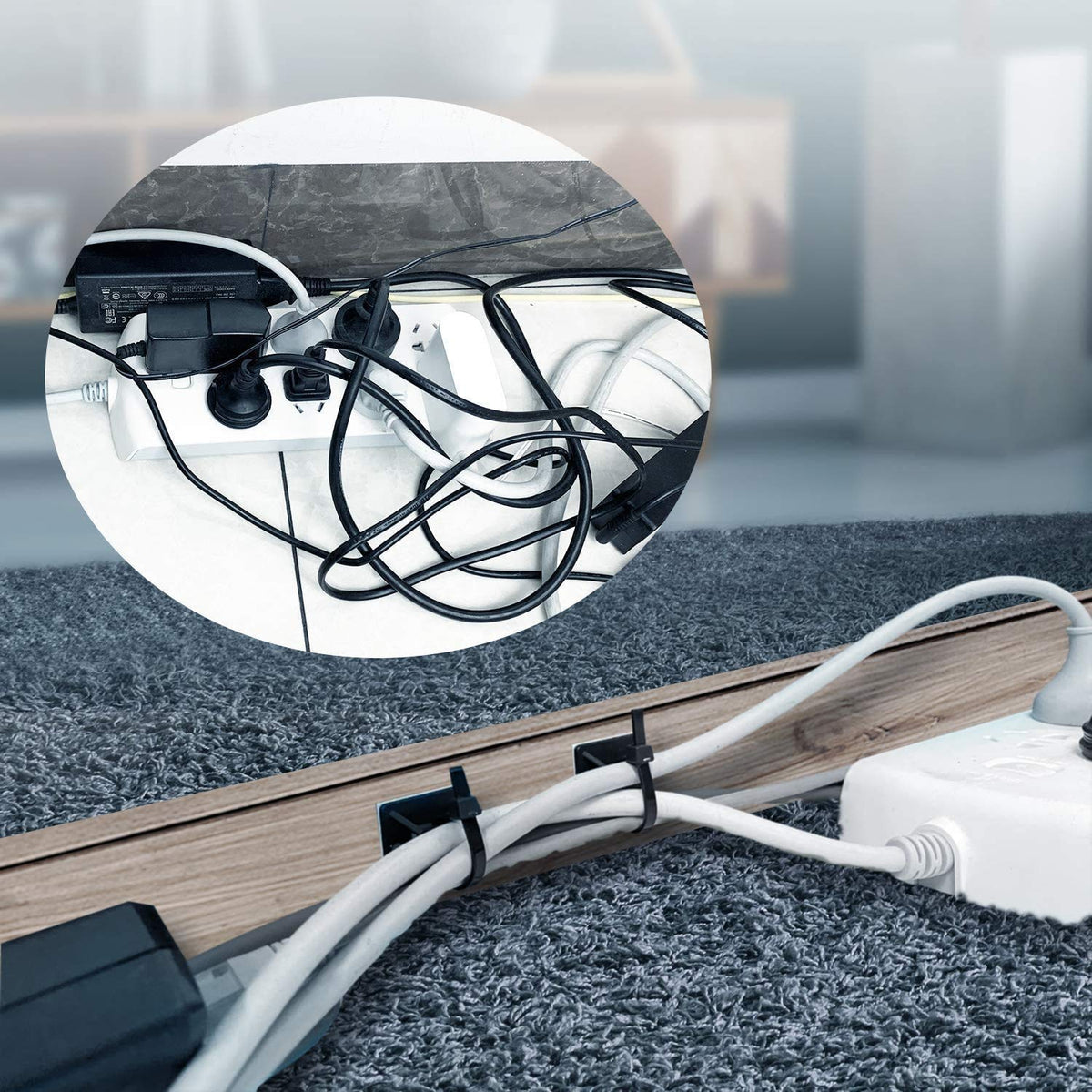SeuYeugX mounts in home office scene showcasing clean, professional cable management