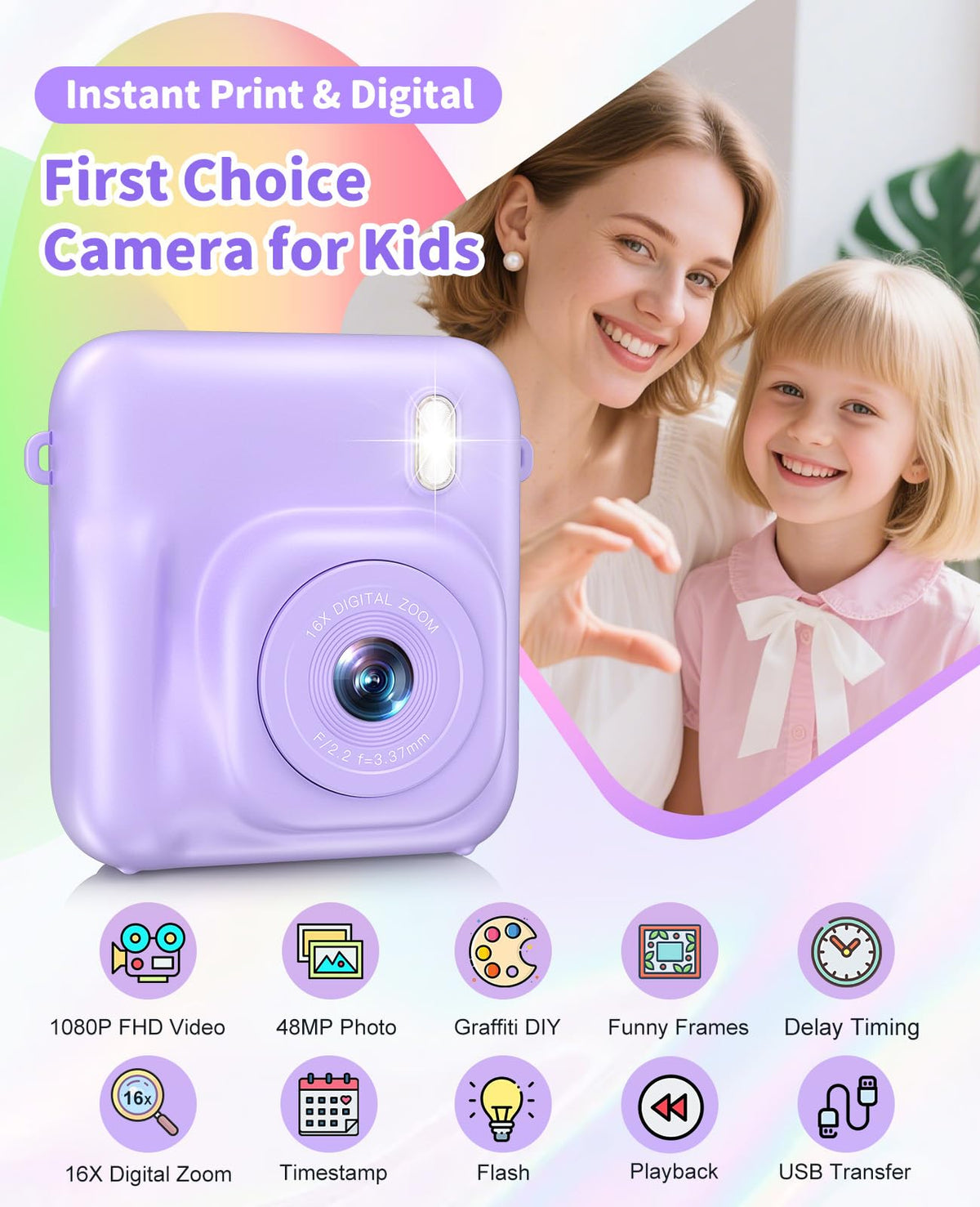 Sevenat kids camera 2.4 inch screen for easy framing and quick sharing.