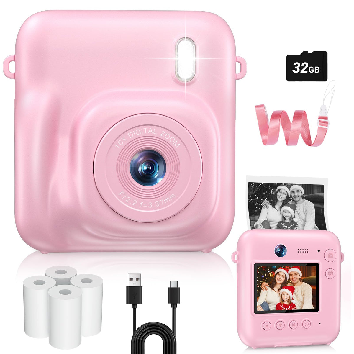 Sevenat front view of pink camera showing controls and playful design benefit