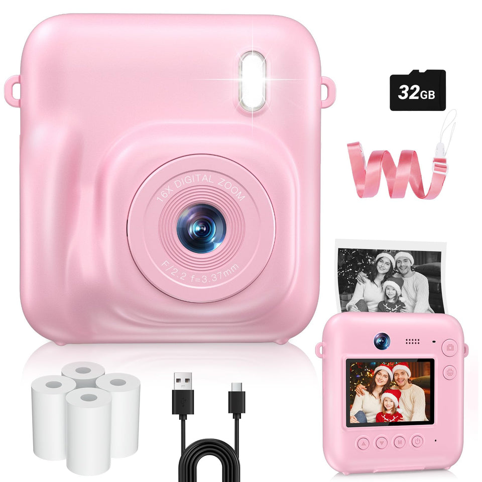 Sevenat front view of pink camera showing controls and playful design benefit