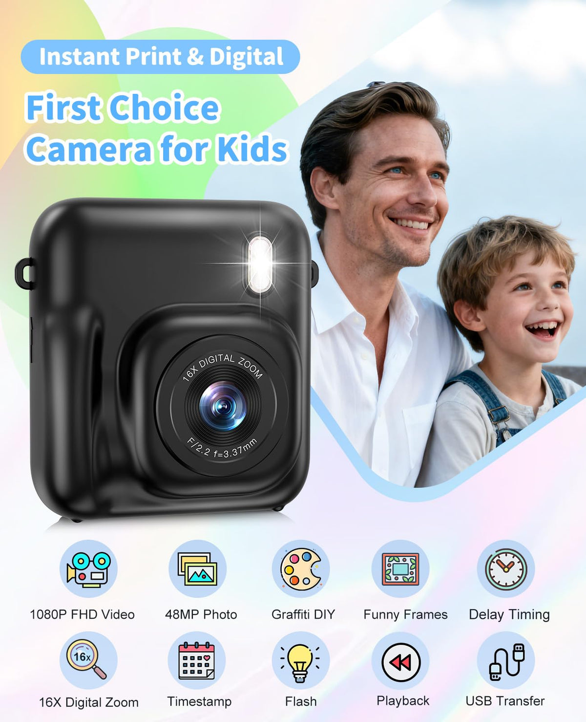 Sevenat Kids Camera instant print feature showcases black-and-white prints in seconds.