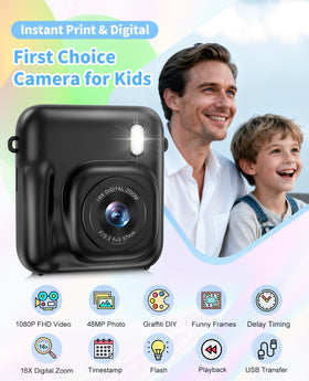 Sevenat Kids Camera instant print feature showcases black-and-white prints in seconds.