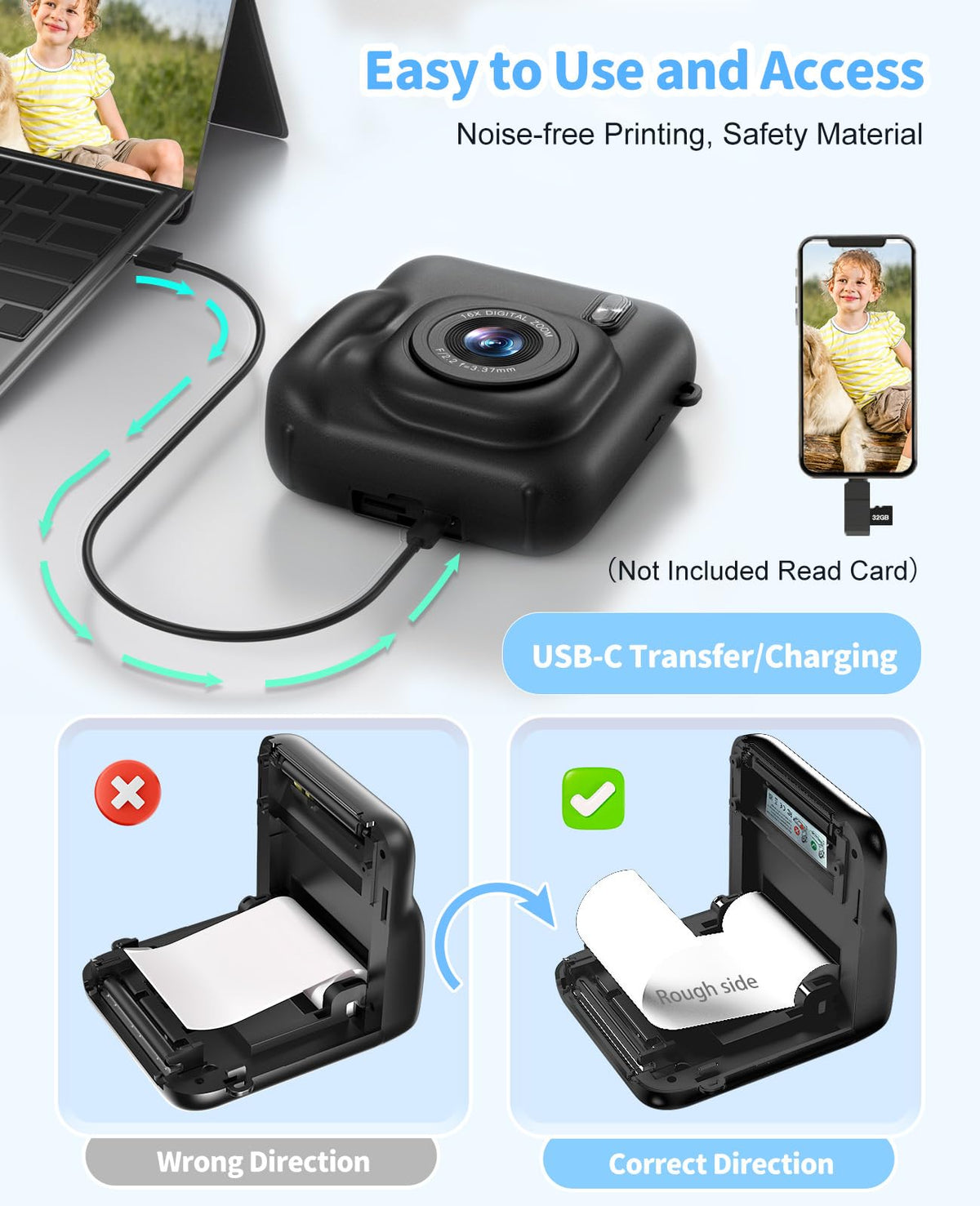 Sevenat Kids Camera features a durable, shockproof shell for adventures.