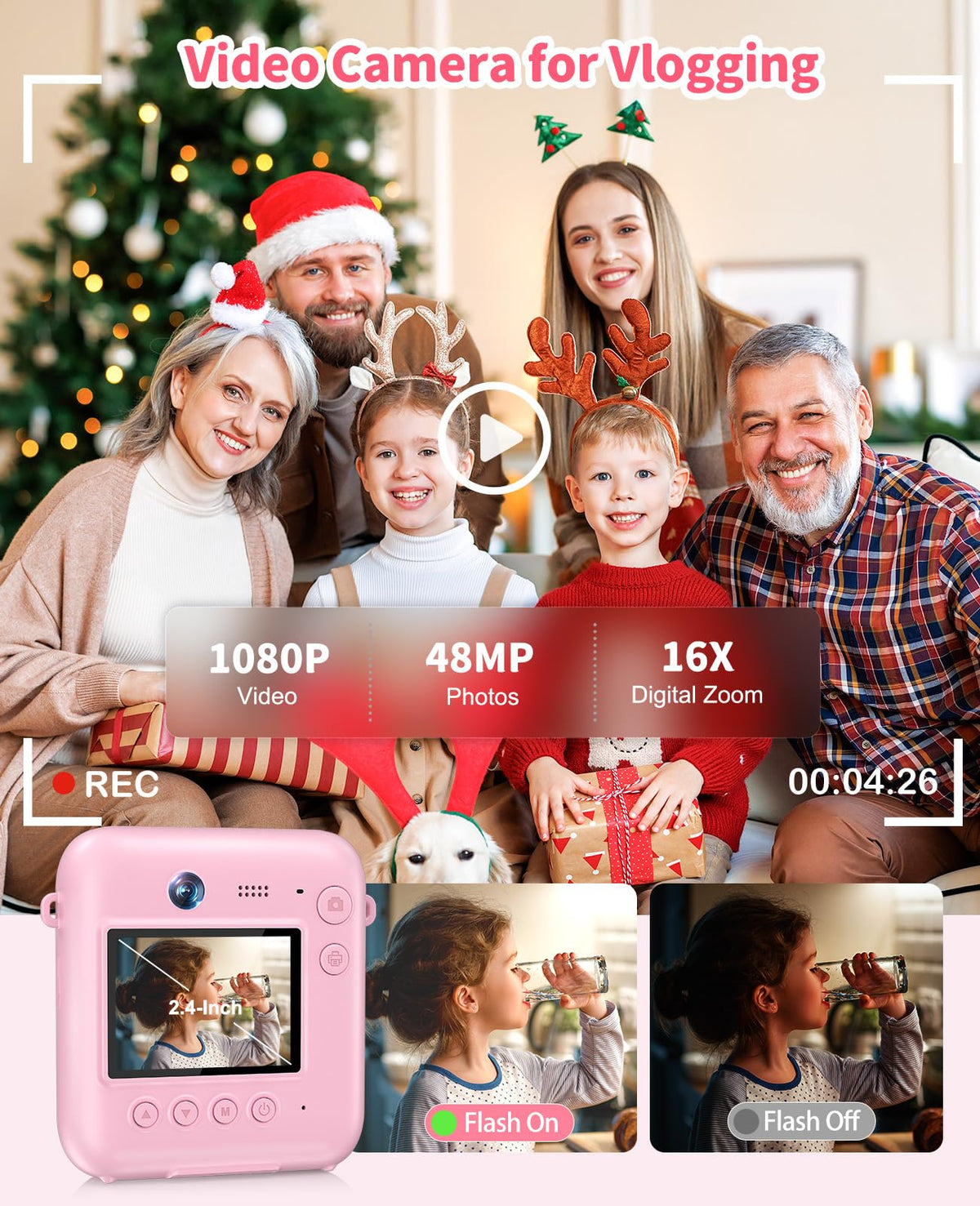 Sevenat instant photo ejecting from camera showing fast thermal-print benefit