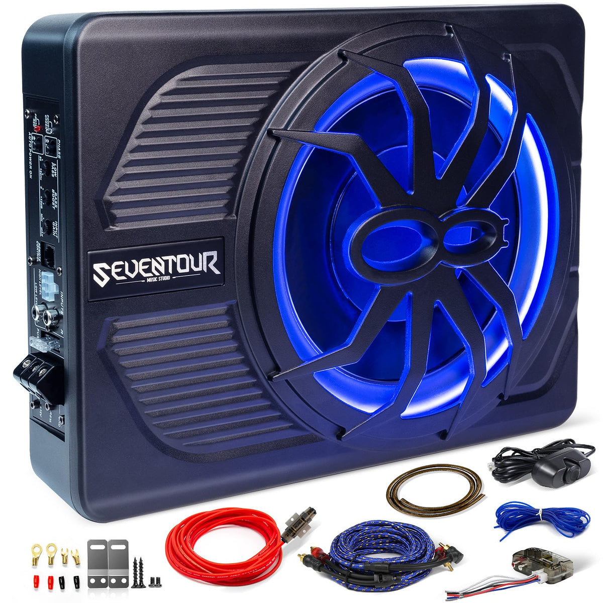 Seventour 10in under-seat subwoofer with built-in amplifier for compact, powerful bass.