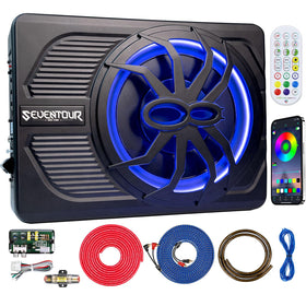 Seventour 10-inch under-seat subwoofer showcasing compact form for enhanced cabin bass.